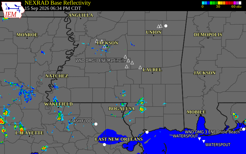 Current NEXRAD radar over Lawrence County, Mississippi with recent storm report locations
