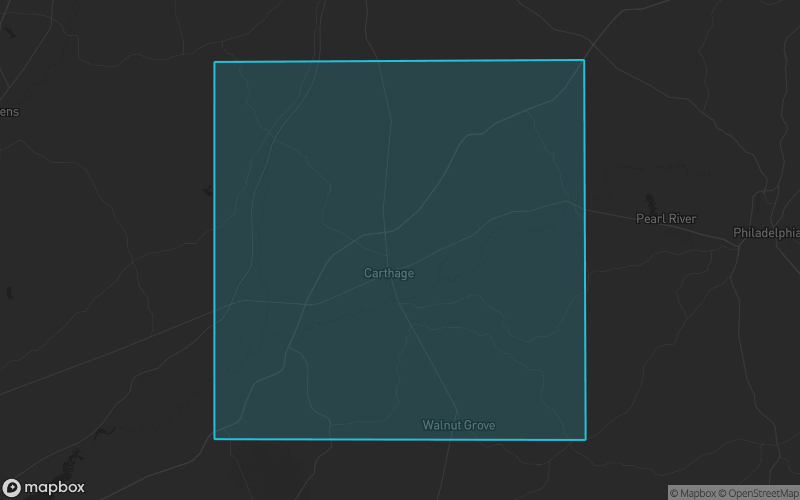 Map of Leake County, Mississippi showing the county boundary and surrounding cities