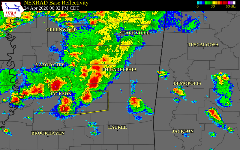 NEXRAD radar during the Friday, April 24, 2026 storm activity in Leake County, Mississippi