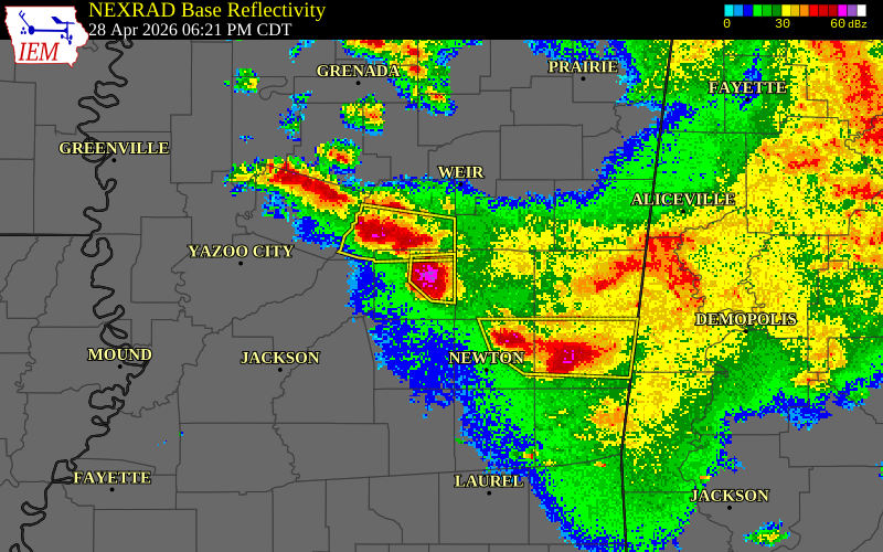 NEXRAD radar during the Tuesday, April 28, 2026 storm activity in Leake County, Mississippi