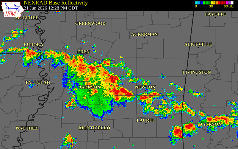 NEXRAD radar during the Sunday, June 21, 2026 storm activity in Leake County, Mississippi
