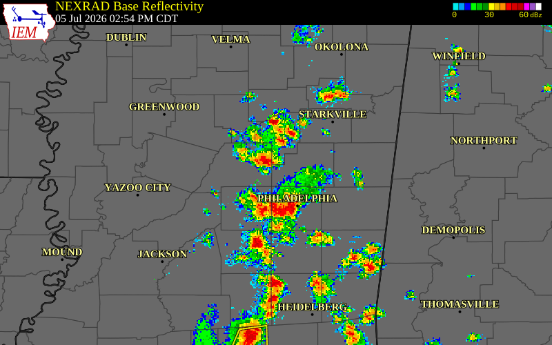 NEXRAD radar during the Sunday, July 5, 2026 storm activity in Leake County, Mississippi