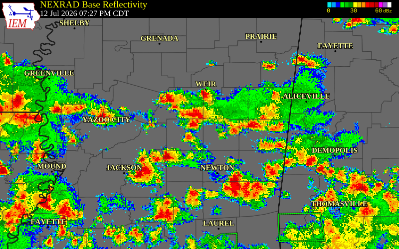 NEXRAD radar during the Sunday, July 12, 2026 storm activity in Leake County, Mississippi