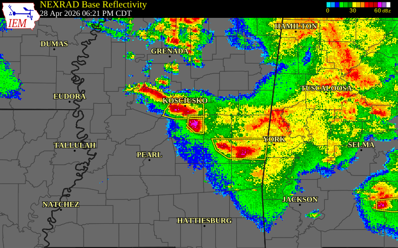Radar snapshot during the Apr 28, 2026 hail event near 3 W Edinburg, Leake County, Mississippi, with NWS warning polygons