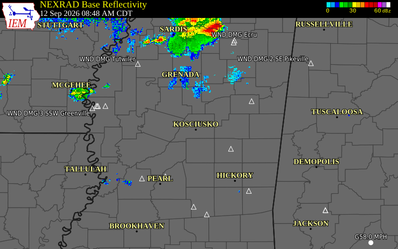 Current NEXRAD radar over Leake County, Mississippi with recent storm report locations