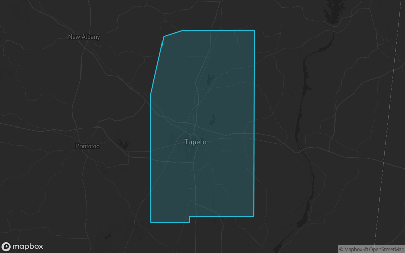 Map of Lee County, Mississippi showing the county boundary and surrounding cities
