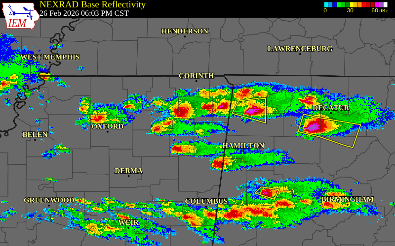NEXRAD radar during the Thursday, February 26, 2026 storm activity in Lee County, Mississippi