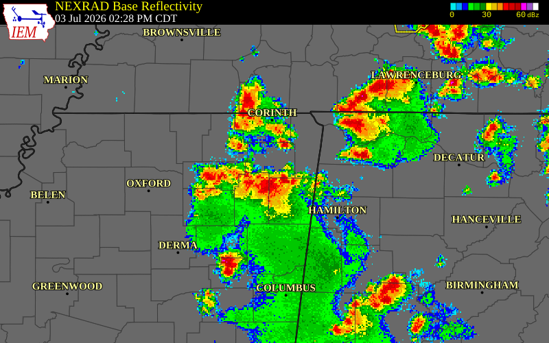 NEXRAD radar during the Friday, July 3, 2026 storm activity in Lee County, Mississippi