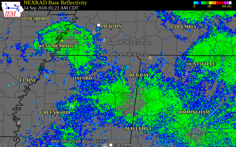 Current NEXRAD radar over Lee County, Mississippi with recent storm report locations