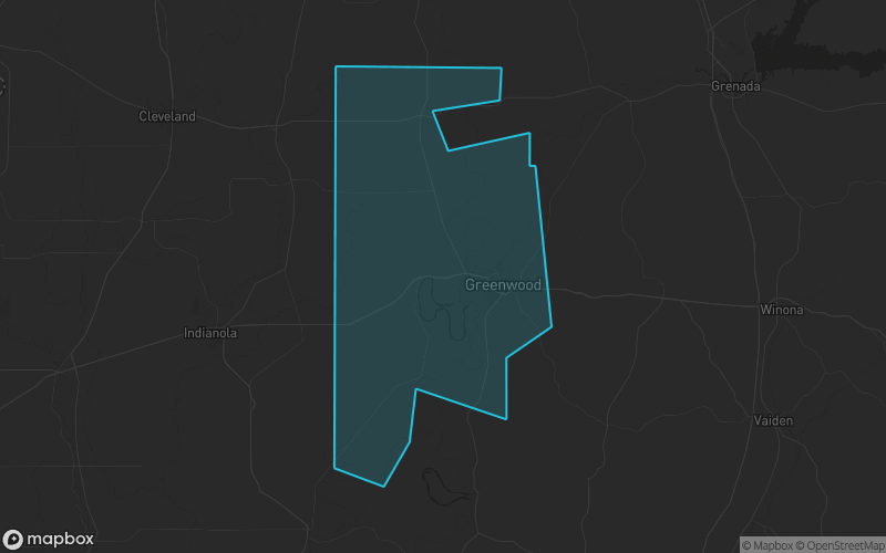 Map of Leflore County, Mississippi showing the county boundary and surrounding cities