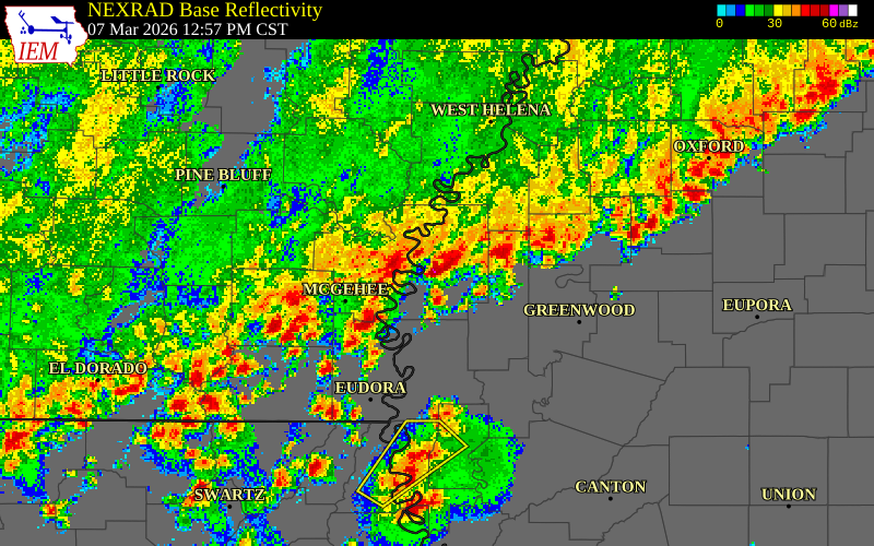 NEXRAD radar during the Saturday, March 7, 2026 storm activity in Leflore County, Mississippi