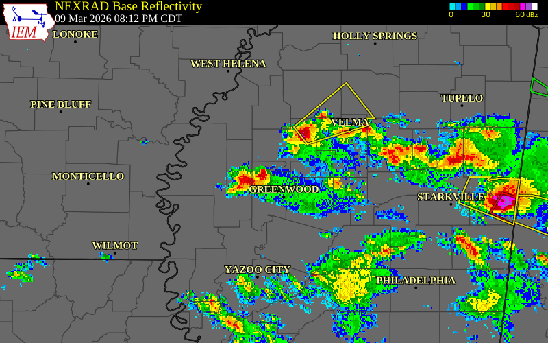 NEXRAD radar during the Monday, March 9, 2026 storm activity in Leflore County, Mississippi