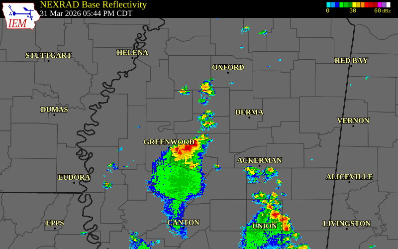 NEXRAD radar during the Tuesday, March 31, 2026 storm activity in Leflore County, Mississippi