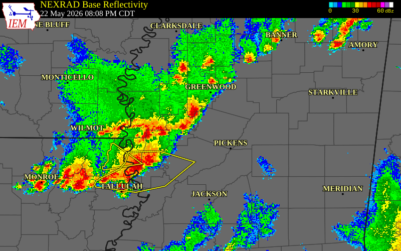NEXRAD radar during the Friday, May 22, 2026 storm activity in Leflore County, Mississippi