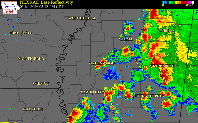 NEXRAD radar during the Wednesday, July 1, 2026 storm activity in Leflore County, Mississippi