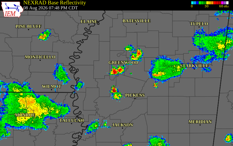 NEXRAD radar during the Saturday, August 8, 2026 storm activity in Leflore County, Mississippi