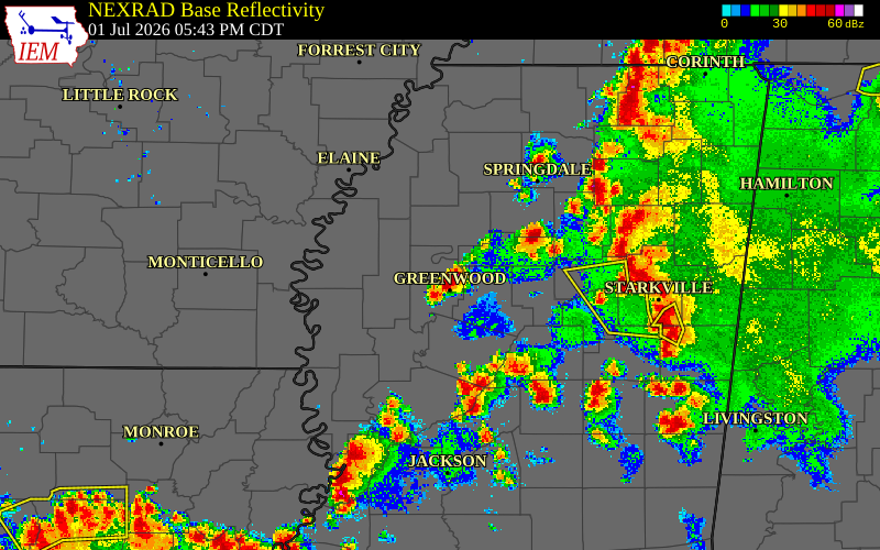 Radar snapshot during the Jul 1, 2026 wind event near Leflore County, Leflore County, Mississippi, with NWS warning polygons