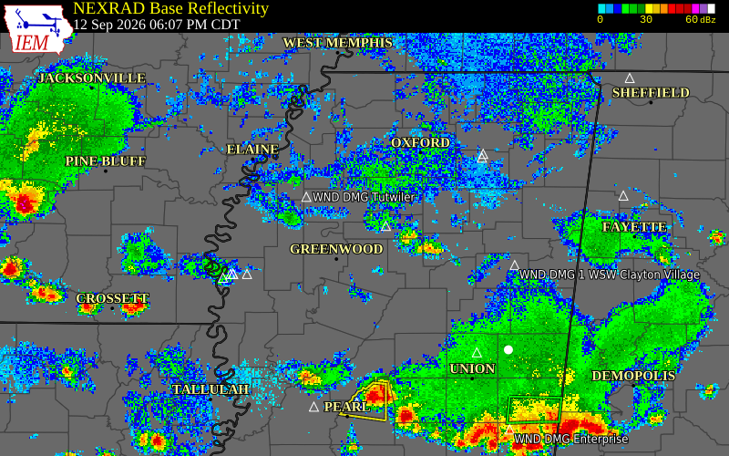 Current NEXRAD radar over Leflore County, Mississippi with recent storm report locations