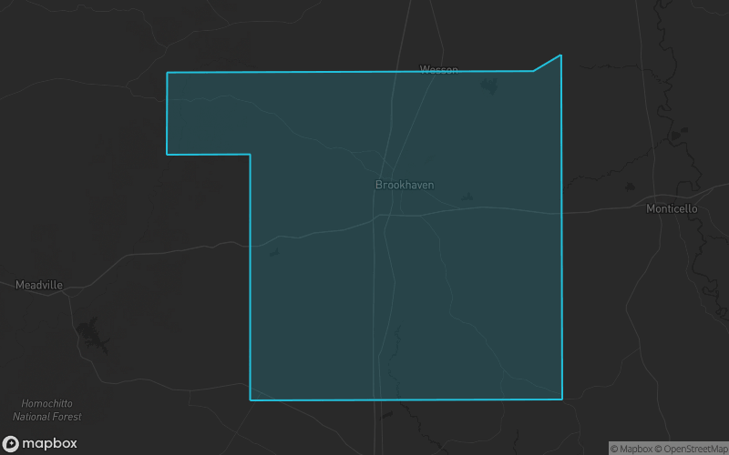 Map of Lincoln County, Mississippi showing the county boundary and surrounding cities