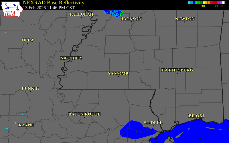 NEXRAD radar during the Friday, February 13, 2026 storm activity in Lincoln County, Mississippi