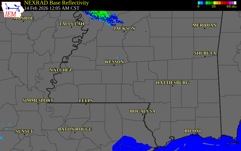 NEXRAD radar during the Saturday, February 14, 2026 storm activity in Lincoln County, Mississippi