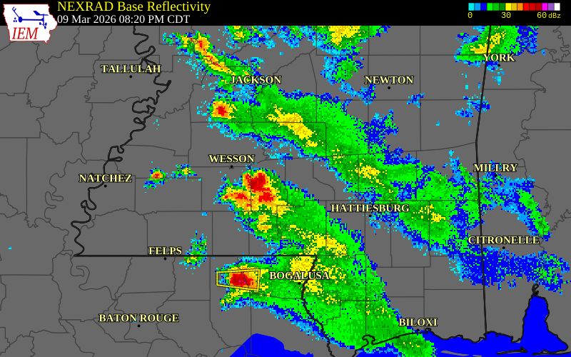 NEXRAD radar during the Monday, March 9, 2026 storm activity in Lincoln County, Mississippi