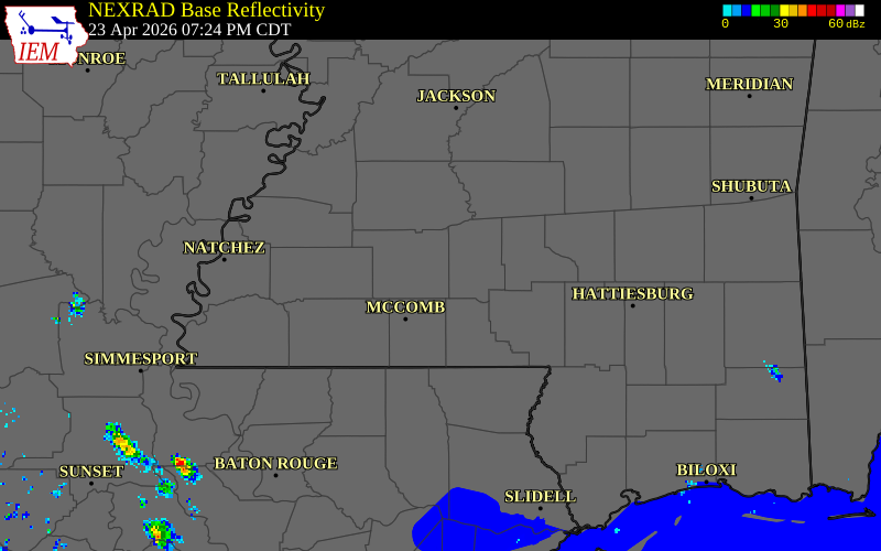 NEXRAD radar during the Thursday, April 23, 2026 storm activity in Lincoln County, Mississippi