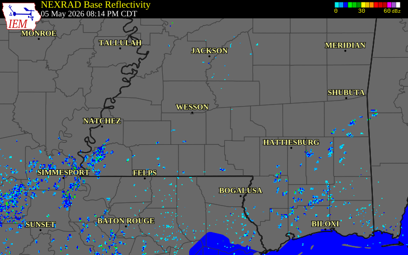 NEXRAD radar during the Tuesday, May 5, 2026 storm activity in Lincoln County, Mississippi
