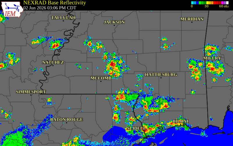 NEXRAD radar during the Tuesday, June 2, 2026 storm activity in Lincoln County, Mississippi