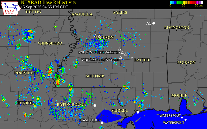 Current NEXRAD radar over Lincoln County, Mississippi with recent storm report locations