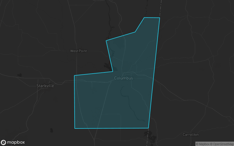 Map of Lowndes County, Mississippi showing the county boundary and surrounding cities