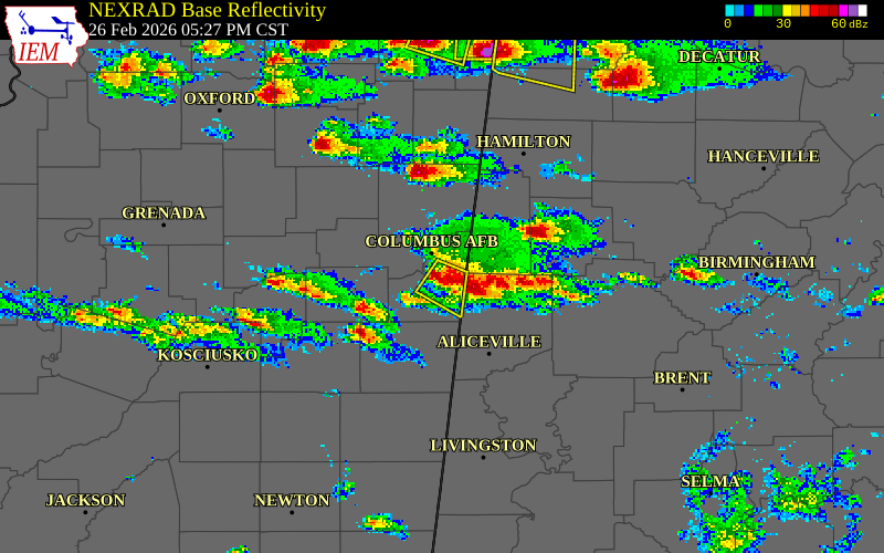NEXRAD radar during the Thursday, February 26, 2026 storm activity in Lowndes County, Mississippi
