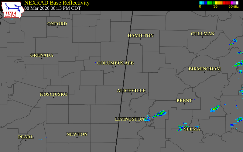 NEXRAD radar during the Sunday, March 8, 2026 storm activity in Lowndes County, Mississippi