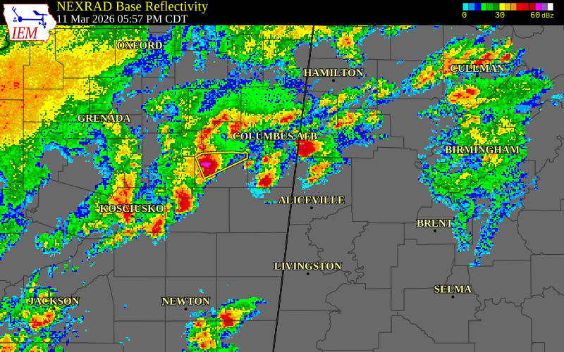 NEXRAD radar during the Wednesday, March 11, 2026 storm activity in Lowndes County, Mississippi