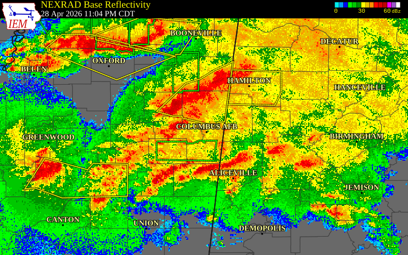 NEXRAD radar during the Tuesday, April 28, 2026 storm activity in Lowndes County, Mississippi
