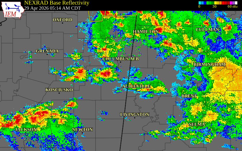NEXRAD radar during the Wednesday, April 29, 2026 storm activity in Lowndes County, Mississippi