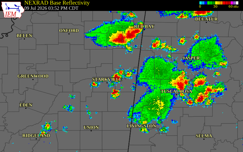 NEXRAD radar during the Thursday, July 9, 2026 storm activity in Lowndes County, Mississippi