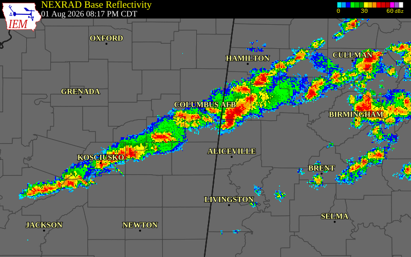 NEXRAD radar during the Saturday, August 1, 2026 storm activity in Lowndes County, Mississippi