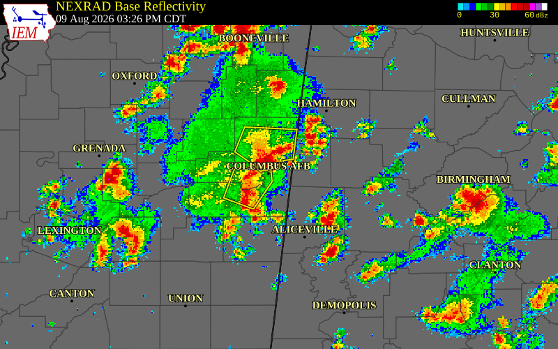 NEXRAD radar during the Sunday, August 9, 2026 storm activity in Lowndes County, Mississippi