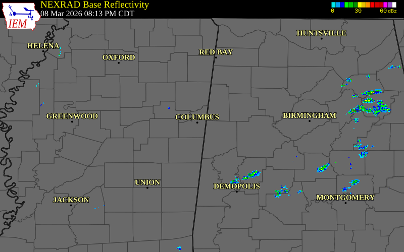 Radar snapshot during the Mar 8, 2026 hail event near 1 NW New Hope, Lowndes County, Mississippi, with NWS warning polygons