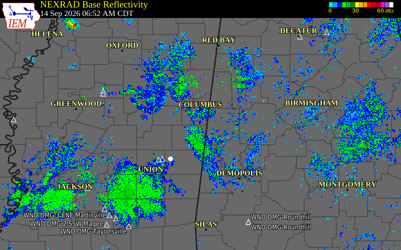Current NEXRAD radar over Lowndes County, Mississippi with recent storm report locations