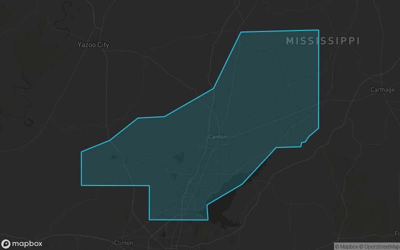 Map of Madison County, Mississippi showing the county boundary and surrounding cities