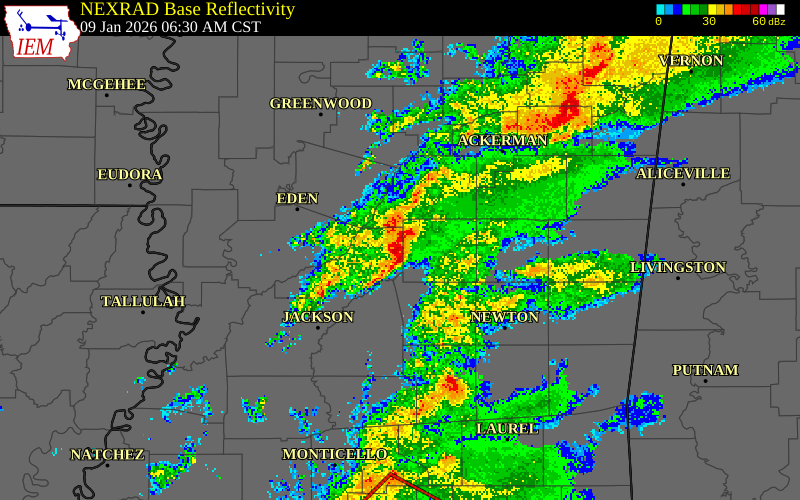 NEXRAD radar during the Friday, January 9, 2026 storm activity in Madison County, Mississippi