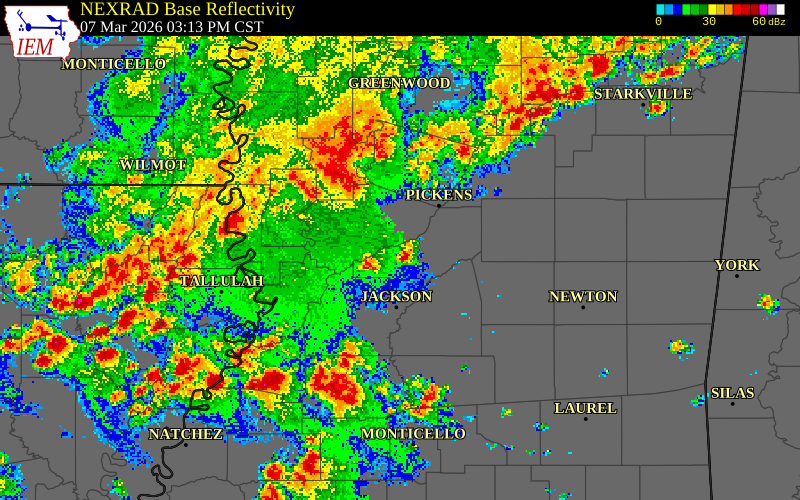 NEXRAD radar during the Saturday, March 7, 2026 storm activity in Madison County, Mississippi
