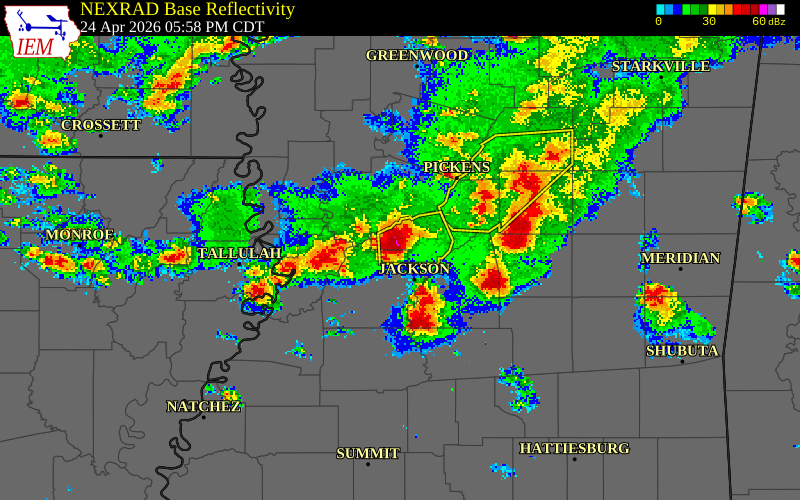 NEXRAD radar during the Friday, April 24, 2026 storm activity in Madison County, Mississippi