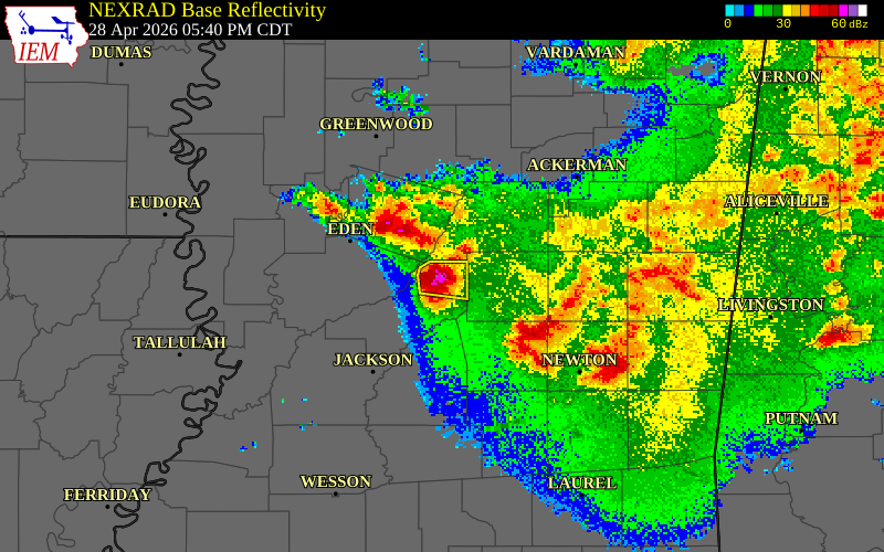 NEXRAD radar during the Tuesday, April 28, 2026 storm activity in Madison County, Mississippi