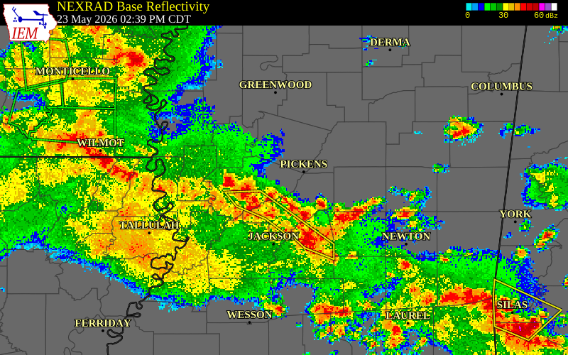 NEXRAD radar during the Saturday, May 23, 2026 storm activity in Madison County, Mississippi
