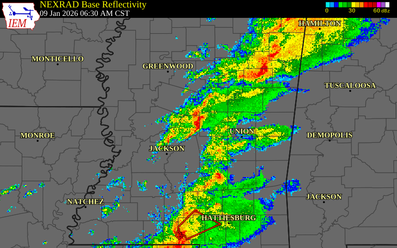 Radar snapshot during the Jan 9, 2026 tornado event near 3 NW Forest Grove, Madison County, Mississippi, with NWS warning polygons