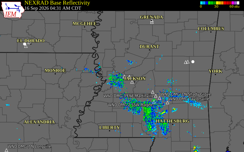 Current NEXRAD radar over Madison County, Mississippi with recent storm report locations