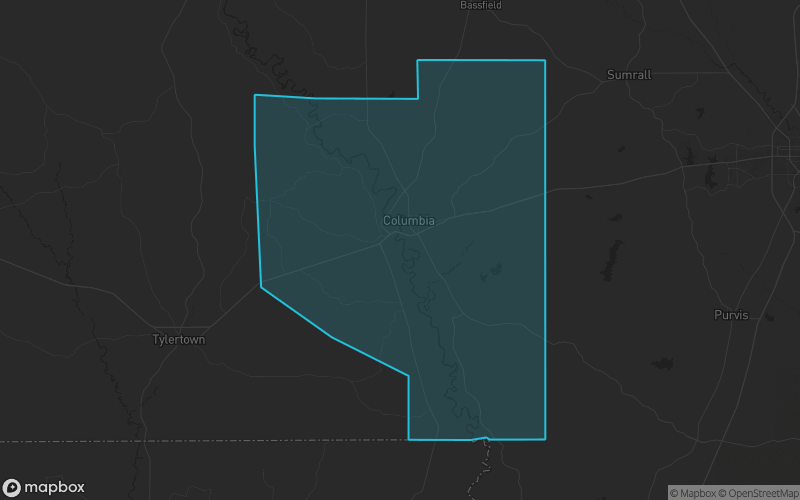 Map of Marion County, Mississippi showing the county boundary and surrounding cities